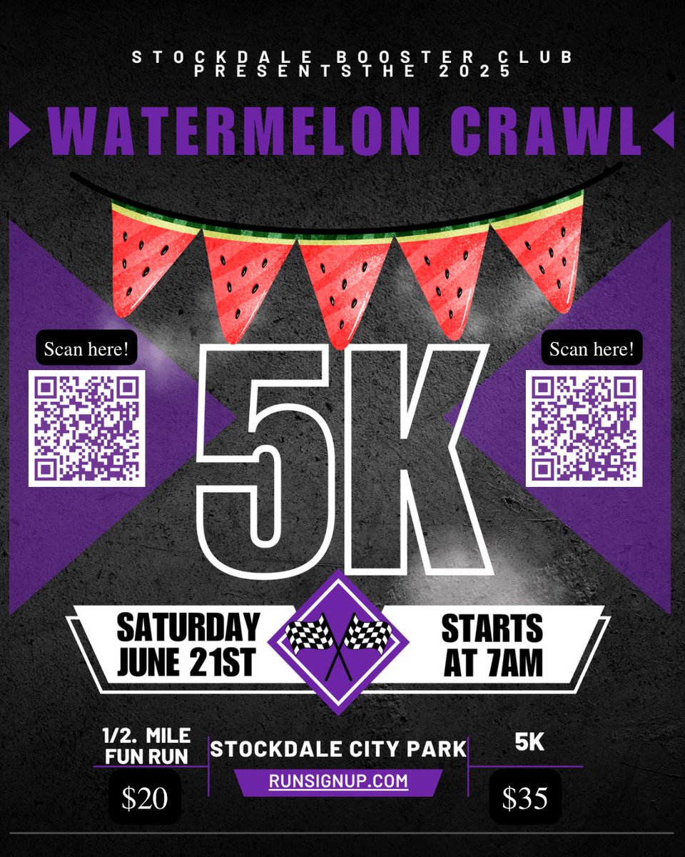 Run, don’t walk… or do!! 
This year, to kick off the Stockdale Watermelon Jubilee festival we are hosting a 5K in which proceeds benefit your local athletics teams! 

Come out &amp; participate in this years new addition, the town fun-run! Scan below to register!