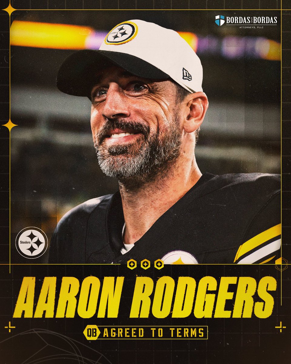 Pittsburgh Steelers (@steelers) on Twitter photo We have agreed to terms with QB Aaron Rodgers on a one-year contract, pending the completion of a physical. <a href="/BordasLaw/">Bordas & Bordas</a>
📝: bit.ly/3TaRXRT We have agreed to terms with QB Aaron Rodgers on a one-year contract, pending the completion of a physical. <a href="/BordasLaw/">Bordas & Bordas</a>
📝: bit.ly/3TaRXRT