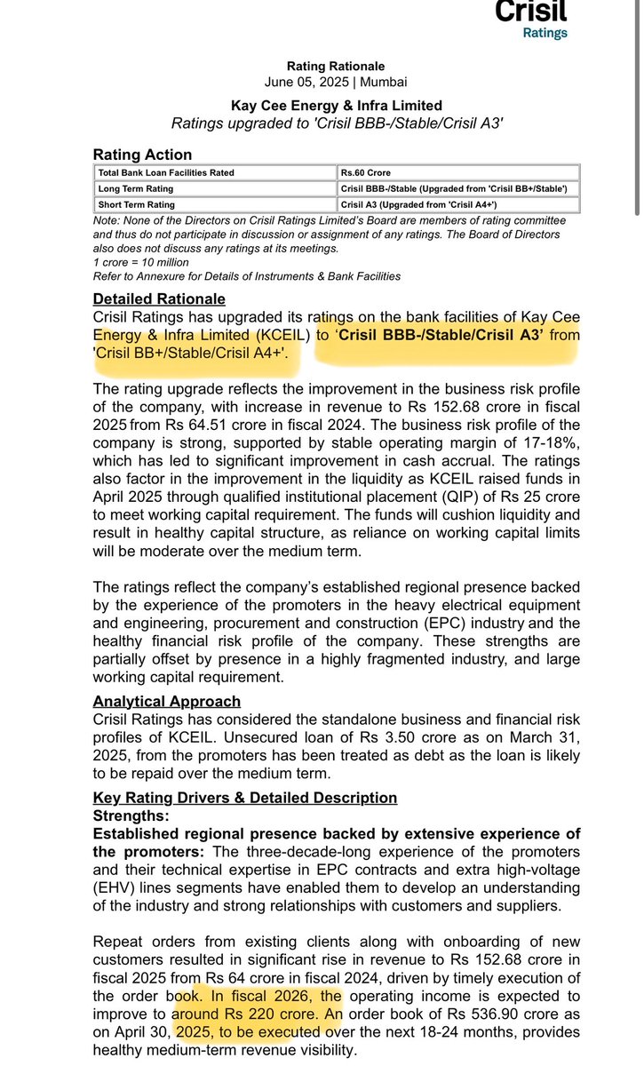Banker_Insights's tweet photo. #Kaycee #kay cee 

🔹 Rating Upgrade
Previous Rating: Crisil BB+/Stable / Crisil A4+
Upgraded To: Crisil BBB-/Stable / Crisil A3

Order book:
•₹536.90 crore as of April 30, 2025
•to be executed 18–24 month
• expected Revenue FY26: ~₹220 crore https://t.co/mWeXTuKueO