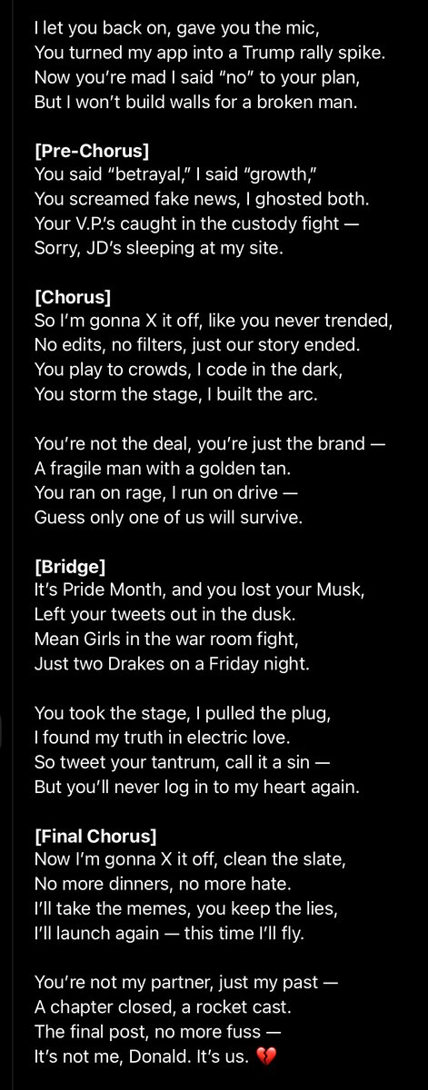 I asked ChatGPT to write a song about the falling out between Elon Musk and Donald Trump in the style of a Taylor Swift break-up song #ElonvTrump