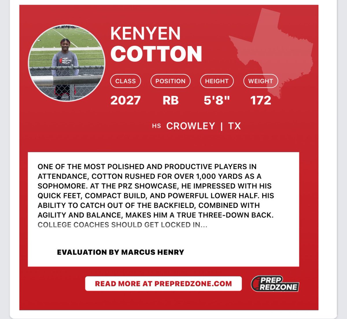 Kenyen Cotton (@k_beast33) on Twitter photo Thank you <a href="/PrepRedzoneTX/">Prep Redzone Texas</a> . I’m gonna continue to work on my craft and get 1% better every time. Junior season loading ⏳#kbeast #crowleytough #imBUILTdifferent #rbnation <a href="/rbunation/">Coach J.Miller</a> Thank you <a href="/PrepRedzoneTX/">Prep Redzone Texas</a> . I’m gonna continue to work on my craft and get 1% better every time. Junior season loading ⏳#kbeast #crowleytough #imBUILTdifferent #rbnation <a href="/rbunation/">Coach J.Miller</a>