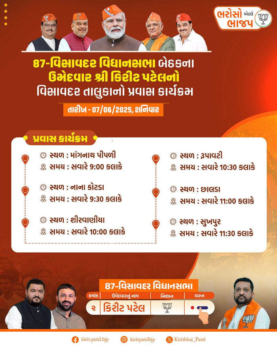 Kiritbhai_Patel's tweet photo. આવતીકાલ તારીખ 7/6/2025 ને શનિવારના રો���નો પ્રવાસ કાર્યક્રમ https://t.co/GE9PjbVadp