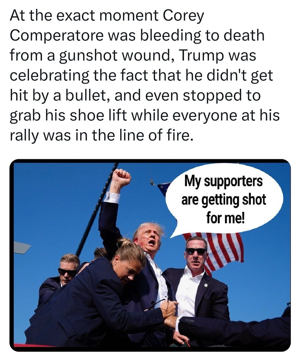 Matt_Fleming321's tweet photo. @LauraLoomer Trump didn't take a bullet. Corey Comperatore did. Trump stood up and cheered when it happened. Then he stopped for a photo op.
#Bulletgate https://t.co/FukDXwNful