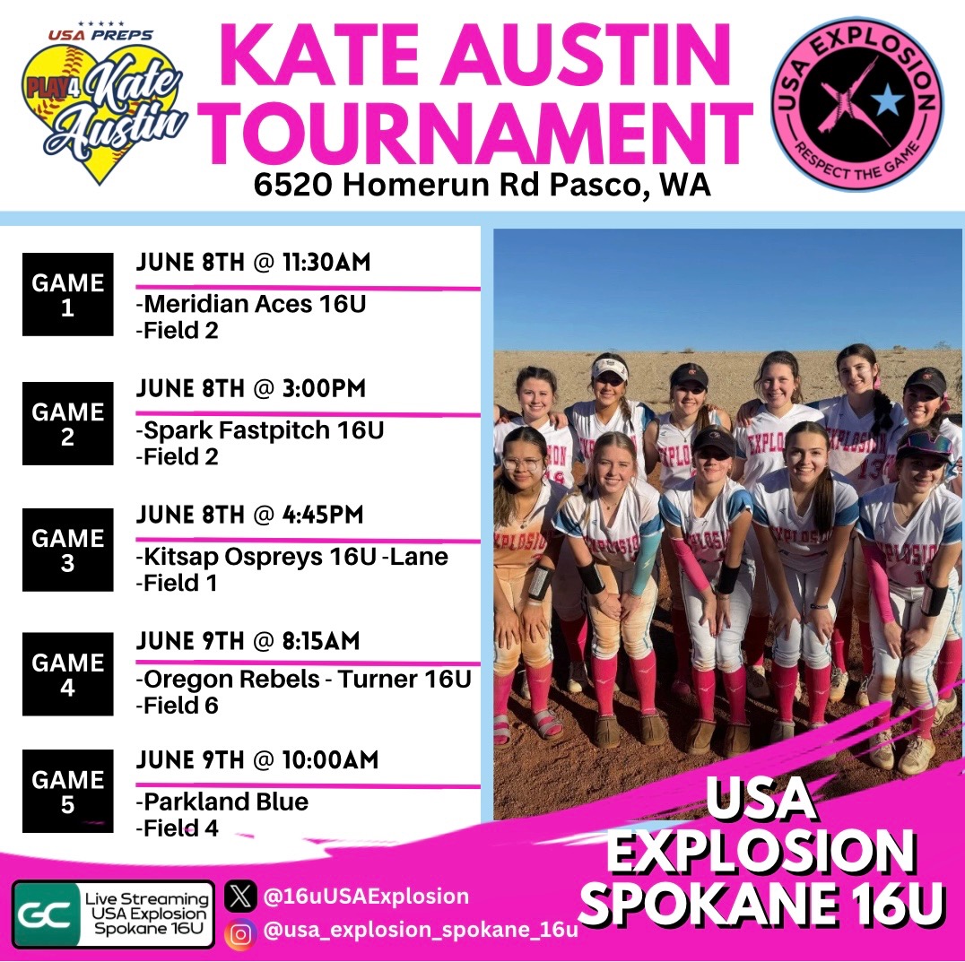 Coaches‼️

If you're scouting 2026 &amp; 2027 grads, come see USA Explosion 16U Spokane at the Kate Austin Memorial Tournament this weekend! 

Speed, power, &amp; pitching you won’t want to miss. Have specific needs? DM me we’ve got the talent. 

#SoftballShowcase  #SoftballRecruiting