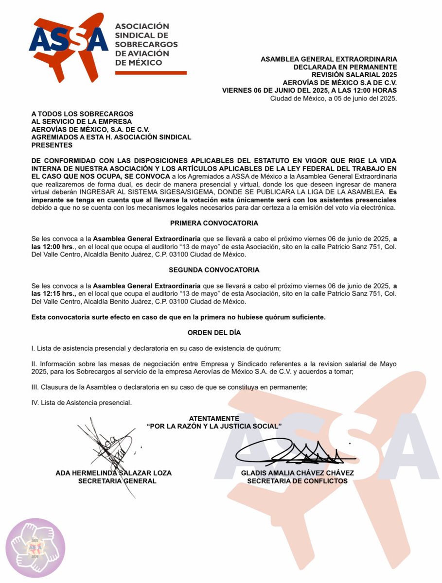 Asamblea General Extraordinaria: Revisión Salarial 2025 con #AeroMéxico