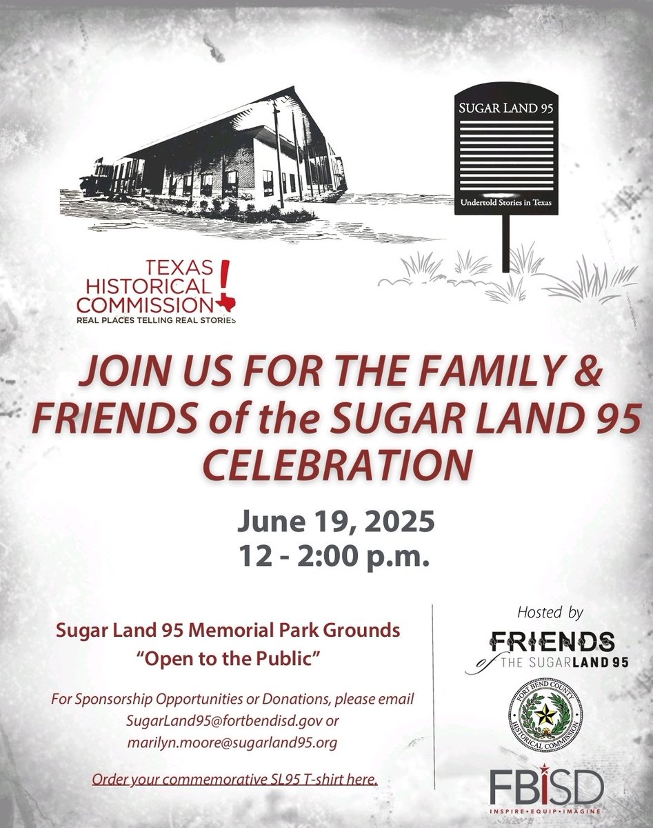 Friends of the Sugar Land 95 (@thesugarland95) on Twitter photo ποΈ Join us June 19 | 12β2 PM for the Family & Friends of the Sugar Land 95 Celebration at the SL95 Memorial Park Grounds.
Open to the public β’ Reflection β’ Remembrance β’ Unity
π© SugarLand95@fortbendisd.gov
#SugarLand95 #Juneteenth #TexasHistory ποΈ Join us June 19 | 12β2 PM for the Family & Friends of the Sugar Land 95 Celebration at the SL95 Memorial Park Grounds.
Open to the public β’ Reflection β’ Remembrance β’ Unity
π© SugarLand95@fortbendisd.gov
#SugarLand95 #Juneteenth #TexasHistory
