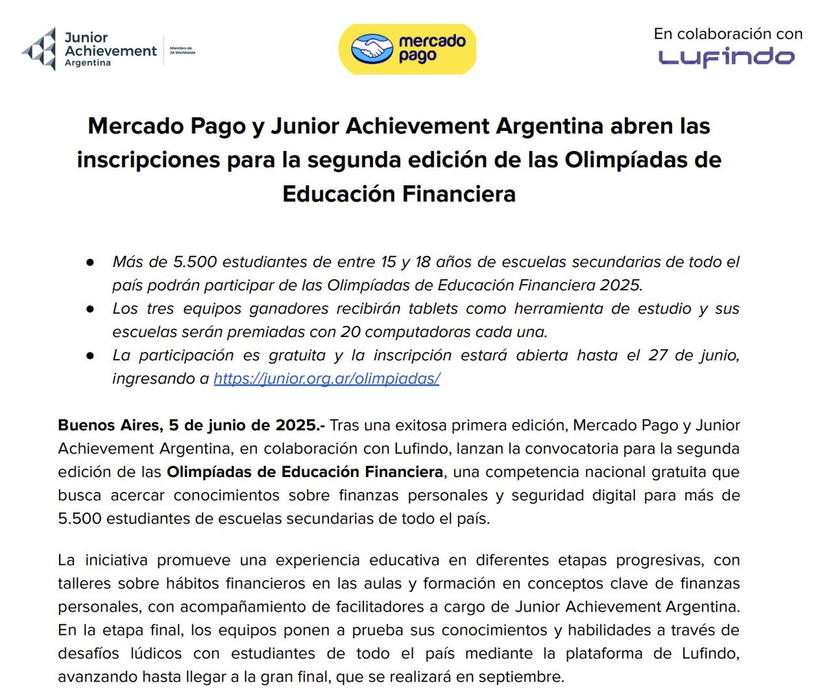 Ignacio E. Carballo (@iecarballo) on Twitter photo .#IMPORTANTE📢 ¡Vuelven las Olimpíadas de Educación Financiera! 🚀
<a href="/mercadopago/">Mercado Pago</a> y <a href="/juniorenarg/">Junior Achievement Argentina</a> invitan a más de 5.500 estudiantes a aprender sobre finanzas personales y seguridad digital. Excelente iniciativa!
🔗 Inscripción abierta hasta el 27 de junio junior.org.ar/olimpiadas .#IMPORTANTE📢 ¡Vuelven las Olimpíadas de Educación Financiera! 🚀
<a href="/mercadopago/">Mercado Pago</a> y <a href="/juniorenarg/">Junior Achievement Argentina</a> invitan a más de 5.500 estudiantes a aprender sobre finanzas personales y seguridad digital. Excelente iniciativa!
🔗 Inscripción abierta hasta el 27 de junio junior.org.ar/olimpiadas