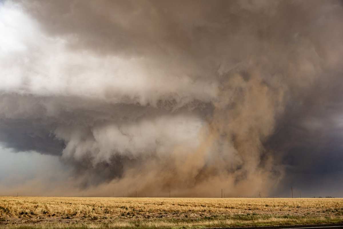 BlakeBrownWx's tweet photo. What a storm!! The first wedge hidden behind a strong RFD carrying dust way up into the storm. 
#txwx https://t.co/cSGlw6hm21
