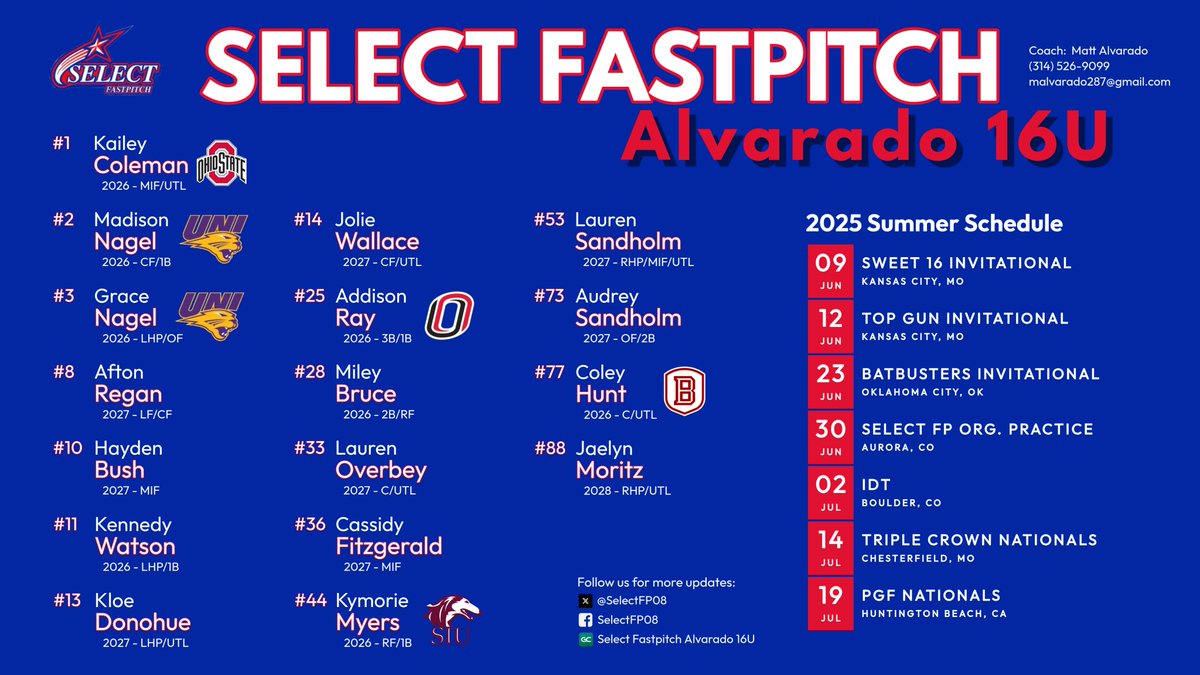 selectFP08's tweet image. 🥎🗓️2025 Summer Schedule 💙❤️ #SelectLife @ejonesrockchalk