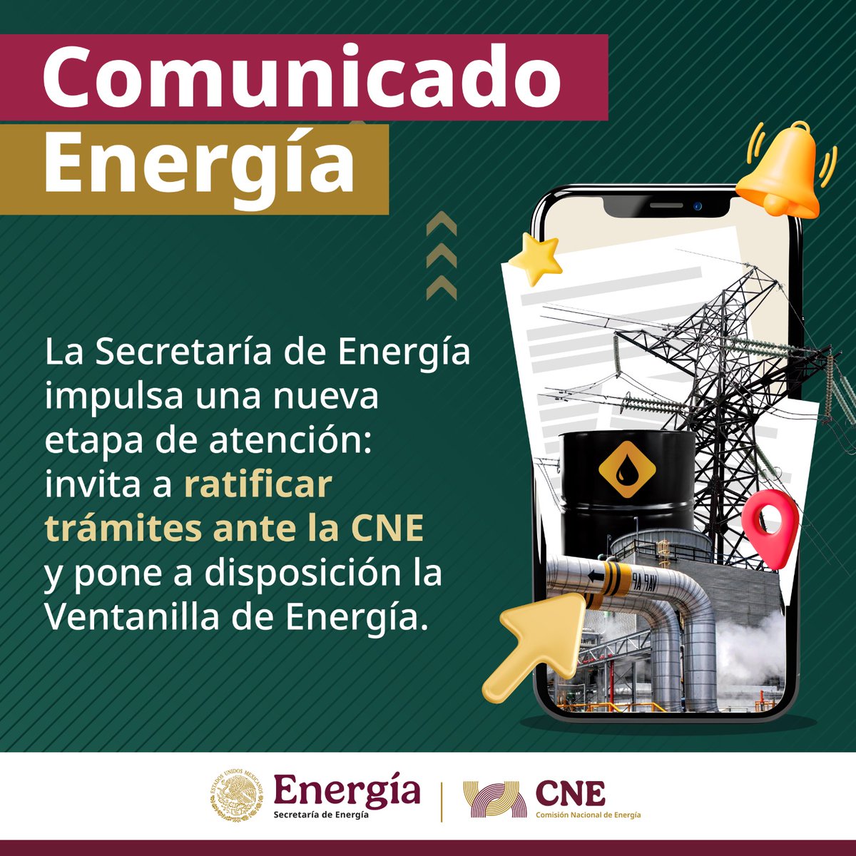 SENER_mx's tweet photo. 📣 #COMUNICADO | La Secretaría de Energía invita a ratificar trámites ante la @CNE_Mex en la #VentanillaEnergía. 
🔗 https://t.co/KPEZCnQfC4 https://t.co/CEnssAwKB4