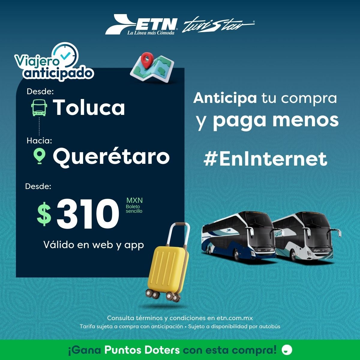¿Viajas de Toluca a Querétaro? 🏙️✨ Con ETN Turistar, entre más anticipas tu compra, ¡mejor tarifa obtienes! Compra #EnInternet y disfruta de un viaje seguro y cómodo. 🚌💻

📲 Consulta horarios y tarifas en hubs.ly/Q03qVTcL0 o en tu App ETN