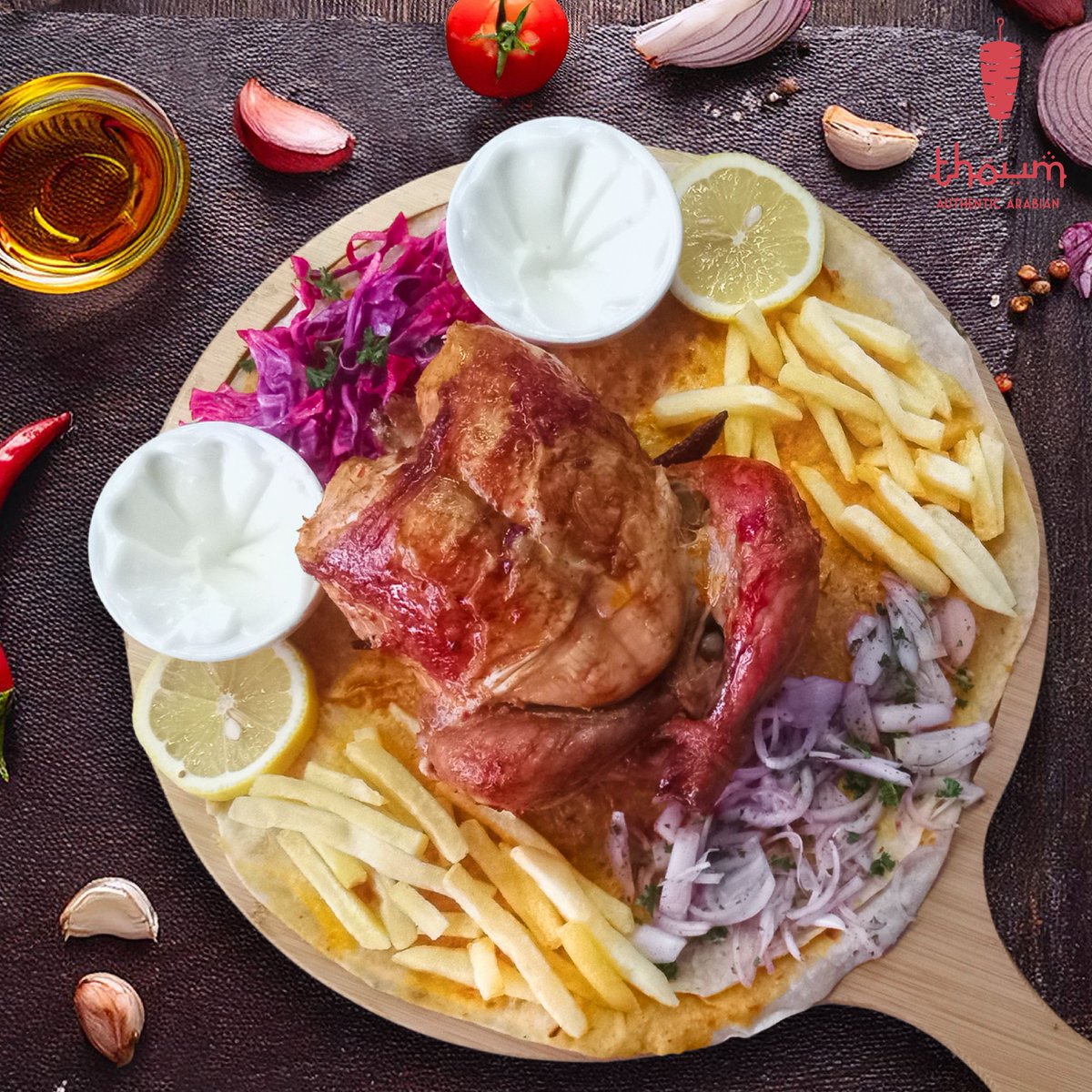 "A feast worth gathering for! 🍗🔥 Enjoy our tender Shawaya Whole Chicken with 4pcs of warm Saj bread &amp; crispy fries — perfect for 4. Taste the true flavors of Arabia in every bite. 🇸🇦✨ #ArabicFlavors #ShawayaDelight #FamilyFeast"
🍽️ Thoum 🍽️
Experience Authentic Arabian  food