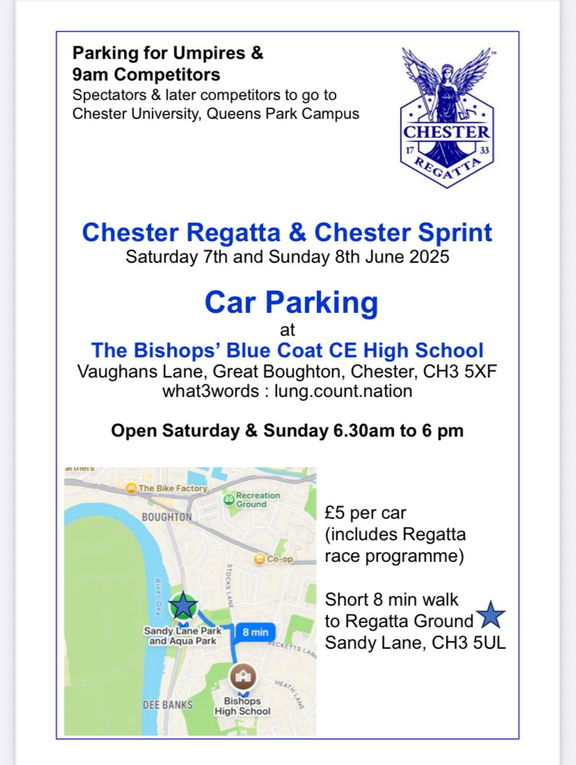 Chester Regatta (@chesterregatta) on Twitter photo Coming to Chester Regatta this weekend?
Please note 🅿️ options, including new parking option at <a href="/uochester/">University of Chester</a> Queens Park Campus.
£5 / car / day includes a free regatta programme and free ferry running both days.
#ChesterRegatta #ChesterRowing
#Chester #Rowing Coming to Chester Regatta this weekend?
Please note 🅿️ options, including new parking option at <a href="/uochester/">University of Chester</a> Queens Park Campus.
£5 / car / day includes a free regatta programme and free ferry running both days.
#ChesterRegatta #ChesterRowing
#Chester #Rowing