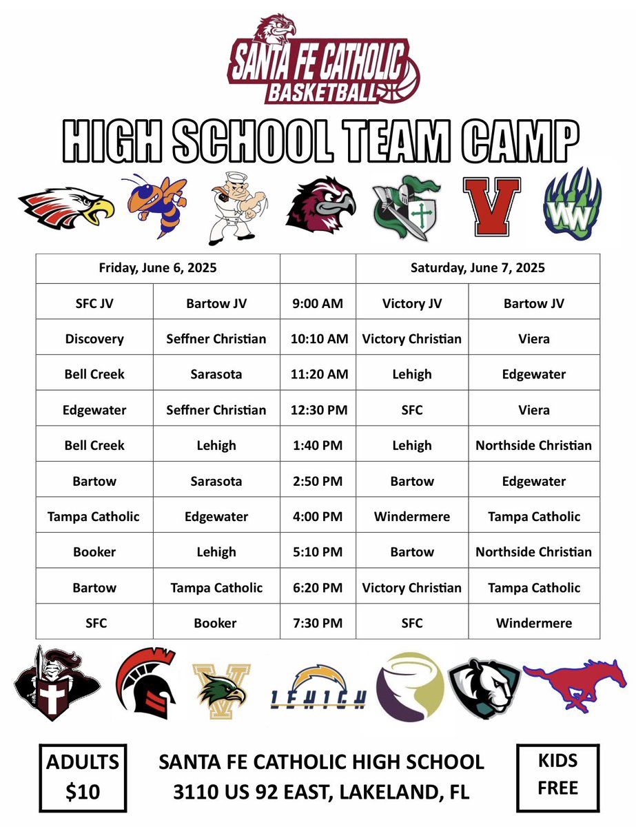 🚨SFC High School Team Camp🚨

🗓️ JUNE 6th and 7th

📍 Santa Fe Catholic HS

🎟️ $10 Adults, Kids Free

Loaded lineup of games!

#SFCTeamCamp