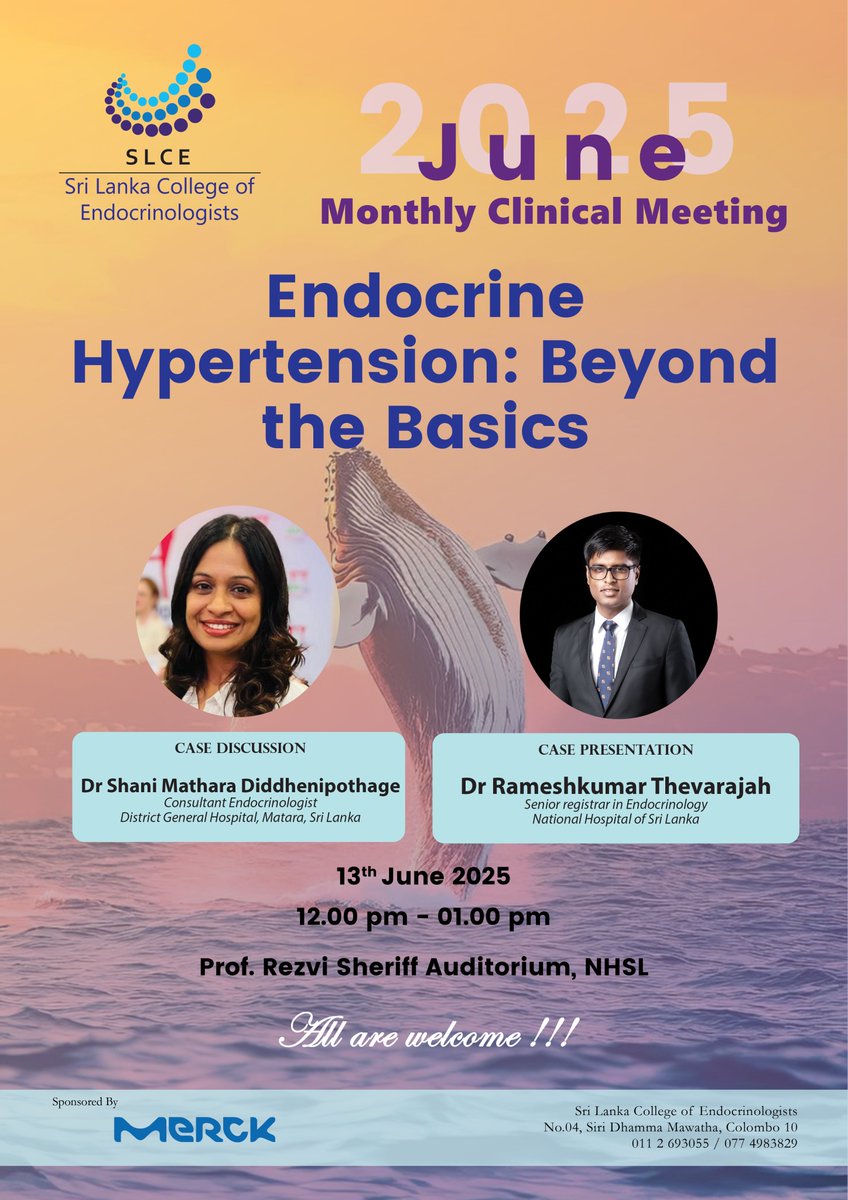 Monthly Clinical Meeting - June 2025 will be held on 13th June 2025 at ClinMARC Auditorium, National Hospital of Sri Lanka from 12.00 noon onwards.
All are welcome!