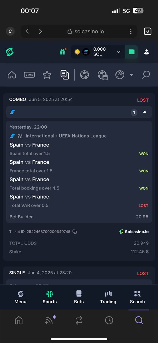 Bozo__Trump's tweet photo. I placed bets at @solcasino 
– Over 0.5 VAR in Spain vs France
– Over 1.5 VAR in Germany vs Portugal

Both matches had 2 clear VAR interventions.

Yet, both bets were marked as lost. ❌

Very disappointing https://t.co/kUPewQj5Bc