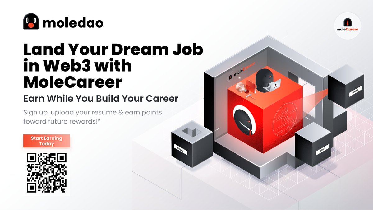 👩‍💻 Looking for a role in Web3?  

The new #MoleCareer platform is here to help you grow. 
🎯 Create your profile  
📄 Upload your resume  
💎 Earn points (and future rewards 👀)  

Start your #Web3Career journey today: moledao.io/#/career  

#Web3Jobs #Moledao