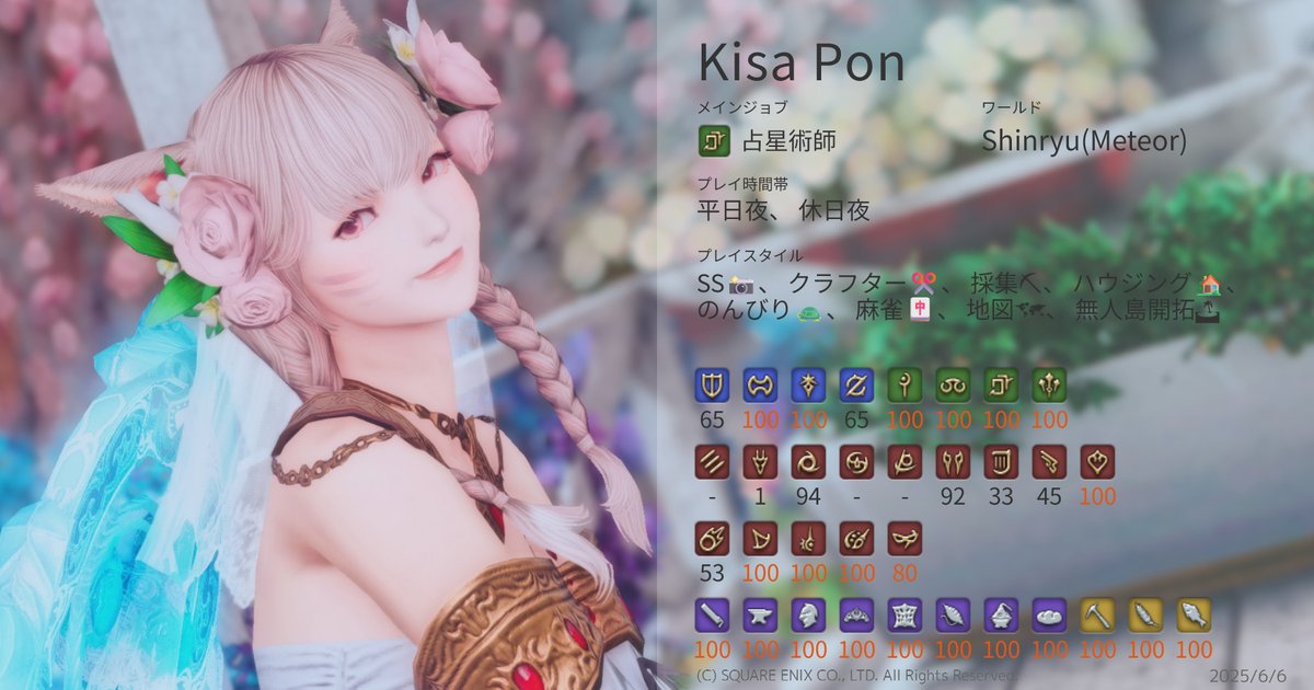 ⋆ ✩ ⋆ ┄ ⋆ ✩ ⋆ ┄ ⋆ ✩ ⋆
たのしいこと好きなねこさんです(˶ᐢ. .ᐢ˵)♡ˊ˗
おともだちと遊ぶのスキ　是非遊びましょう
最近はクレセントアイルがんばってます
SS/くらふたー/スタジオ巡り/地図/麻雀
⋆ ✩ ⋆ ┄ ⋆ ✩ ⋆ ┄ ⋆ ✩ ⋆
 #FF14キャラクターカード #MeteorDC #shinryu