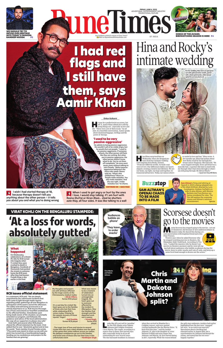 #PuneTimes front page: bit.ly/3gblple

#AamirKhan speaks on emotional baggage, red flags &amp; therapy 
#HinaKhan &amp; #RockyJaiswal’s intimate wedding 
#ViratKohli reacts to the stampede during celebrations 
#SamAltman’s Open Chaos to be made into a film