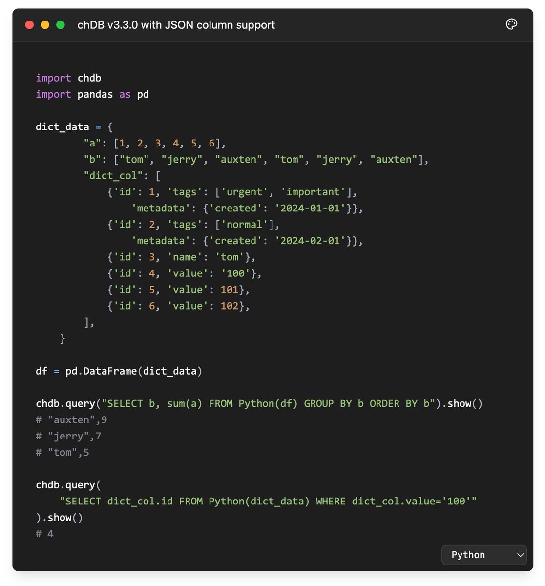 chDB v3.3.0 is here, with support of JSON columns! 🚀🚀
github.com/chdb-io/chdb/r…