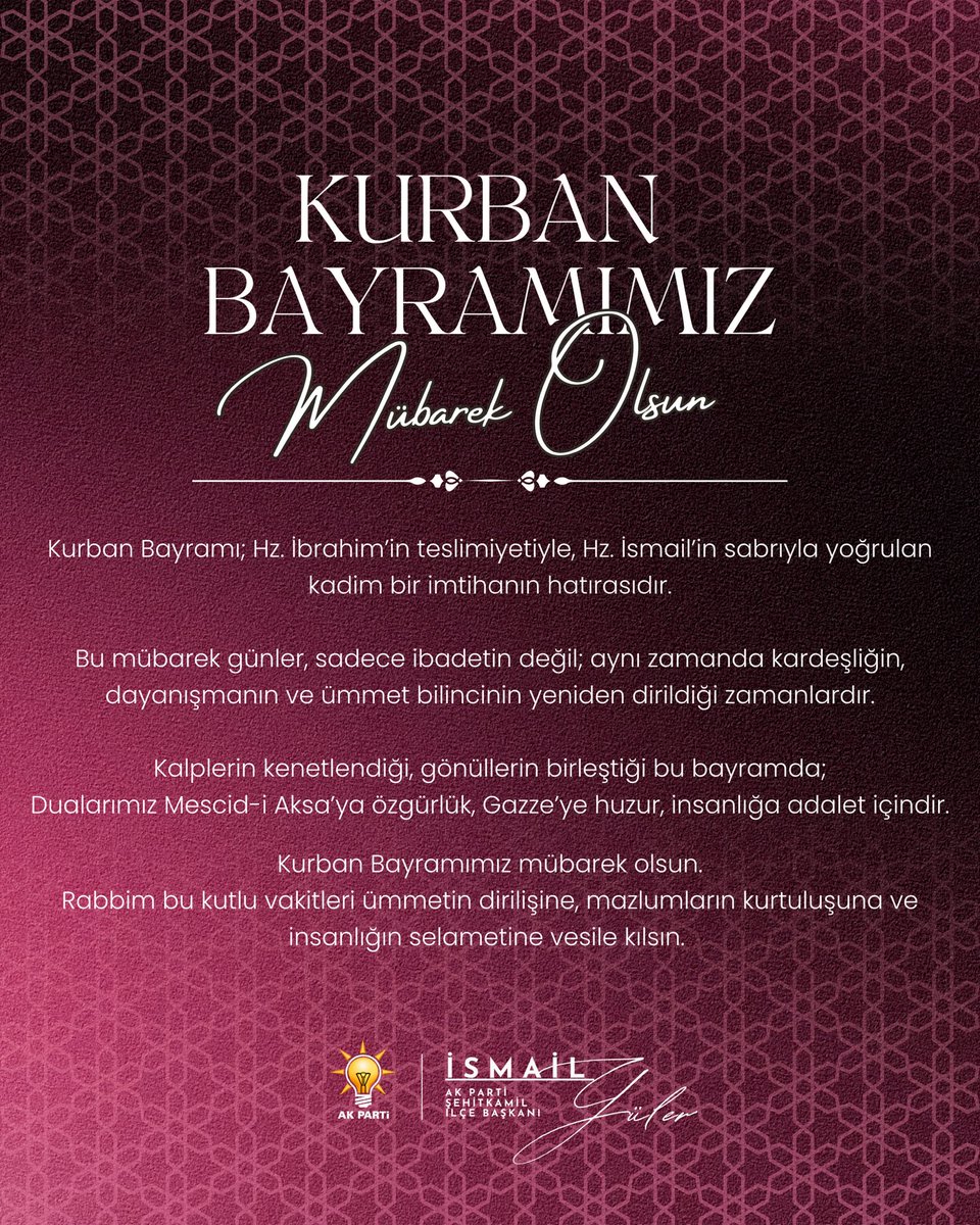 Kurban Bayramı; Hz. İbrahim’in teslimiyetiyle, Hz. İsmail’in sabrıyla yoğrulan kadim bir imtihanın hatırasıdır.

Bu mübarek günler, sadece ibadetin değil; aynı zamanda kardeşliğin, dayanışmanın ve ümmet bilincinin yeniden dirildiği zamanlardır.

Kalplerin kenetlendiği, gönüllerin