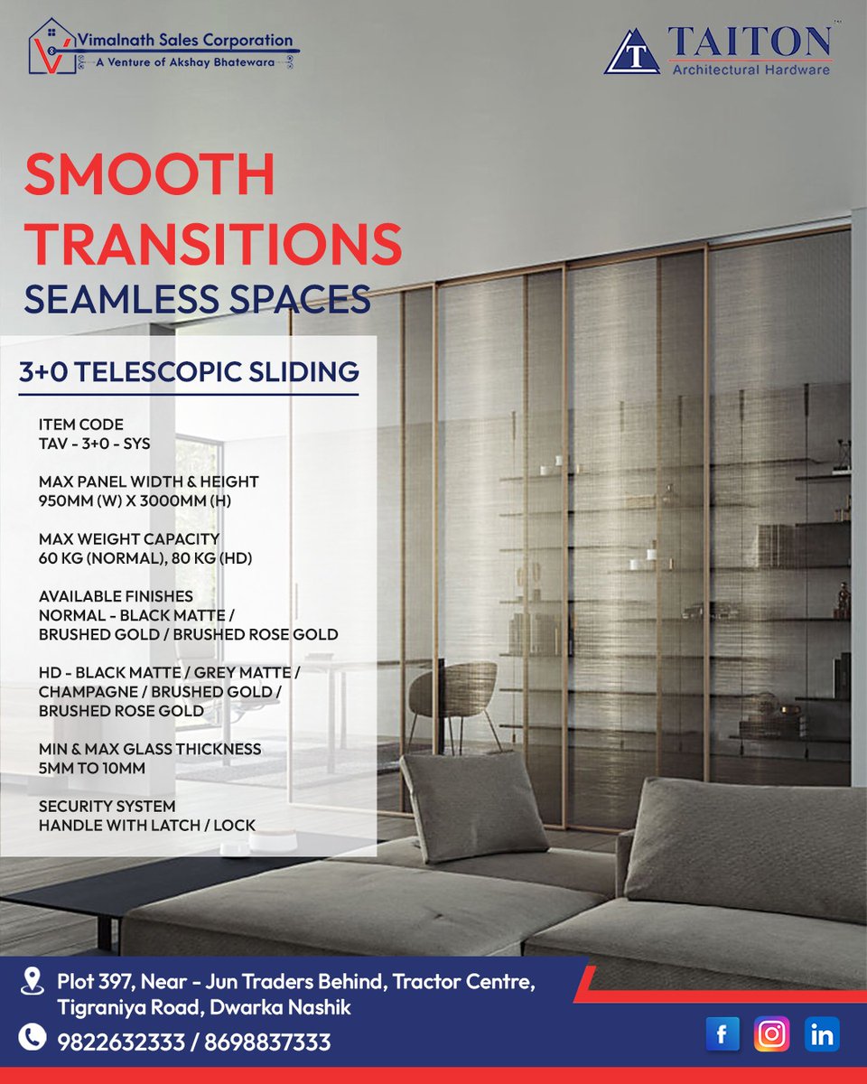 vimalnathsales's tweet photo. Engineered Elegance for Modern Spaces!
Introducing the Taiton 3+0 Telescopic Sliding System – where smooth transitions meet seamless spaces.

📞8698837333
#VimalnathSalesCorporation #AkshayBhatewara #TaitonSlidingSystem #TelescopicSliding #ArchitecturalHardware https://t.co/t56RYmSvFL