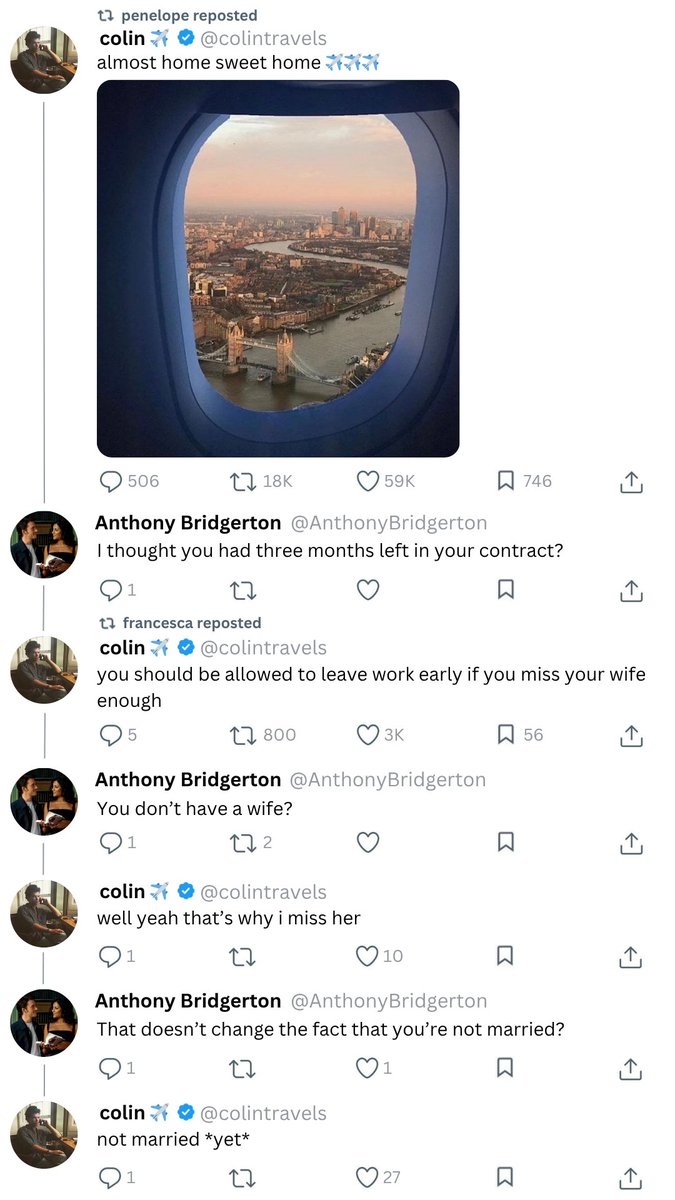 moonlit_gardens's tweet image. colin thinks you should be allowed to leave work early if you miss your wife!