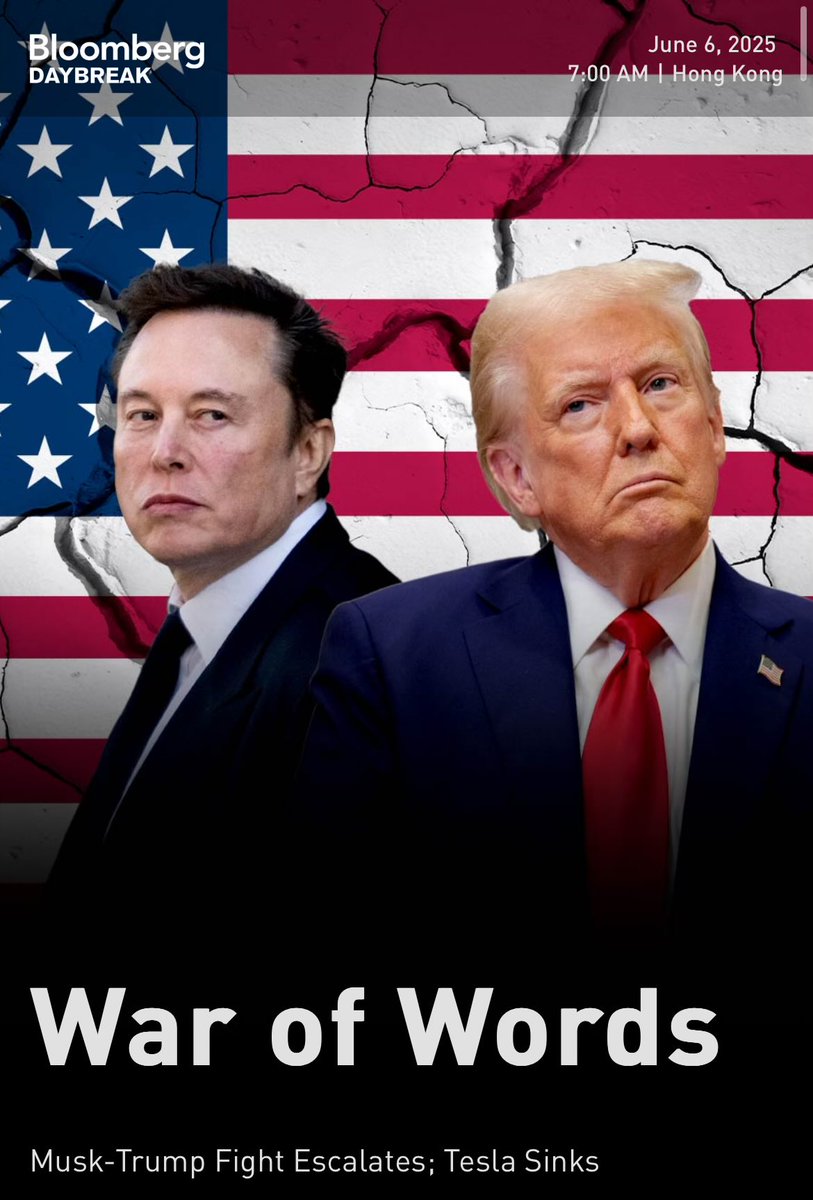 TheMichaelEvery's tweet image. 2025, day 157
Good morning from Asia.
So, a Musk-Trump breakup occurred. A budget bill push-back, “disappointment”, past issues over a thwarted China briefing, the end of the EV mandate, and NASA, saw Musk’s government contracts threatened with cancellation; Musk state Trump…