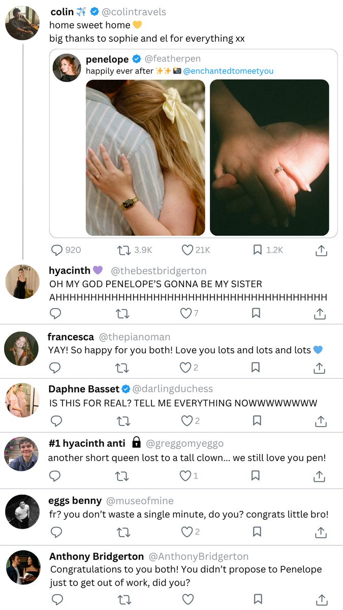 moonlit_gardens's tweet image. colin thinks you should be allowed to leave work early if you miss your wife!