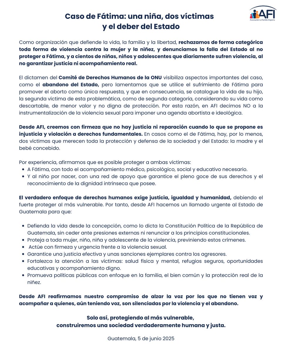 Caso de Fátima: una niña, dos víctimas
y el deber del Estado 

Como organización que defiende la vida, la familia y la libertad, rechazamos de forma categórica toda forma de violencia contra la mujer y la niñez, y denunciamos la falla del Estado al no proteger a Fátima, y a