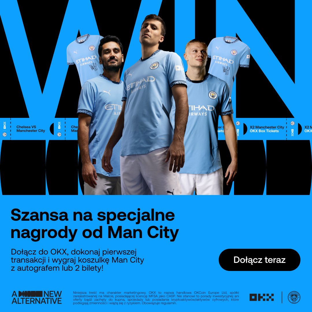 Świeżutka kampania z <a href="/ManCity/">Manchester City</a> 🙌 Koszulki z autografem oraz bilety na mecz czekają na Ciebie!

Wystarczy wykonać 3 proste kroki:
1️⃣ Zarejestruj się na OKX
2️⃣ Zweryfikuj konto
3️⃣ Kup kryptowaluty za minimum 10€

Dołącz tutaj: okx.com/pl/campaigns/m…

#OKX #ManCity