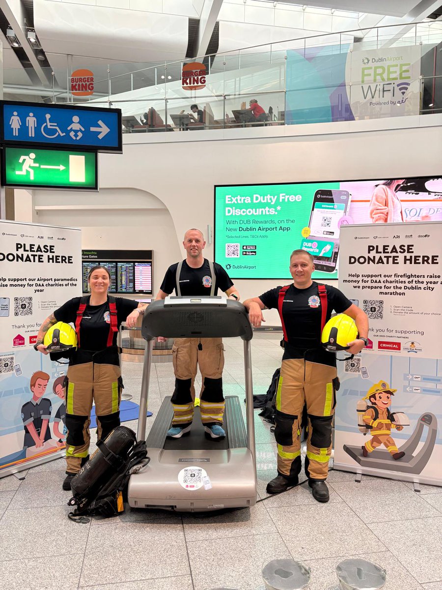 dubairportfire's tweet image. If flying out from Terminal 2 Dublin, please pop by and meet some of our fire fighters who are taking on a 12 hour treadmill challenge in fire gear to raise money for our 3 staff charity partners.