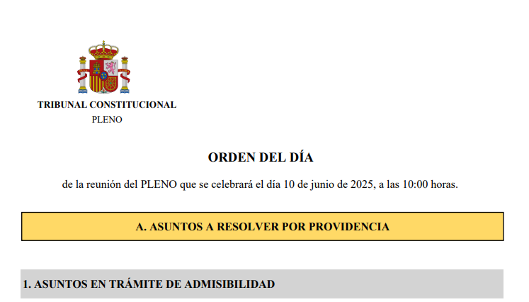 Tribunal Constitucional de España (@tconstitucione) on Twitter photo Orden del día del Pleno del Tribunal Constitucional de 9 de junio de 2025 tribunalconstitucional.es/es/tribunal/or… Orden del día del Pleno del Tribunal Constitucional de 9 de junio de 2025 tribunalconstitucional.es/es/tribunal/or…