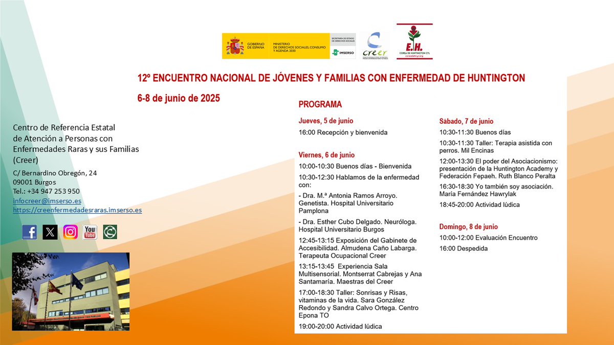 Creer Imserso (@centrocreer) on Twitter photo Hoy da comienzo el 12º Encuentro Nacional de Jóvenes y Familias con Enfermedad de #Huntington en <a href="/CentroCREER/">Creer Imserso</a> <a href="/Imserso/">Imserso</a>, organizado por <a href="/HuntingtonCyL/">Asociación Corea de Huntington de Castilla y León</a>
¡Bienvenidos! #EncuentrosCreer #EnfermedadDeHuntington #EnfermedadesRaras
creenfermedadesraras.imserso.es/detalle-actual… Hoy da comienzo el 12º Encuentro Nacional de Jóvenes y Familias con Enfermedad de #Huntington en <a href="/CentroCREER/">Creer Imserso</a> <a href="/Imserso/">Imserso</a>, organizado por <a href="/HuntingtonCyL/">Asociación Corea de Huntington de Castilla y León</a>
¡Bienvenidos! #EncuentrosCreer #EnfermedadDeHuntington #EnfermedadesRaras
creenfermedadesraras.imserso.es/detalle-actual…