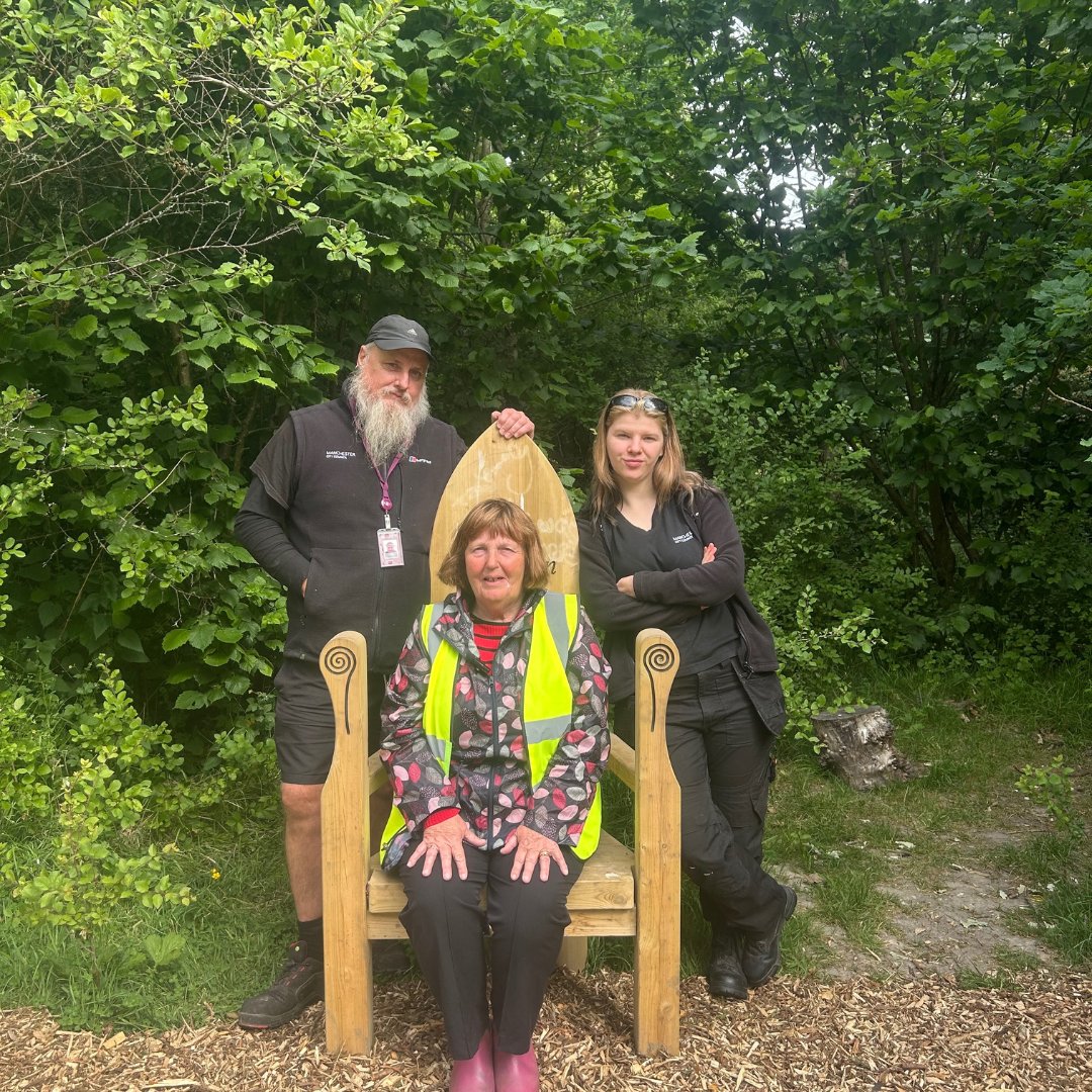 Happy #VolunteersWeek! 💚 Here's Margaret, chair of Friends of Ladybarn Park, enjoying the new storytelling corner.

Volunteering in parks is a great way to get outdoors, grow your skills, and meet new people.

Find your new passion at #MCRVIP: tinyurl.com/spfvy72d
