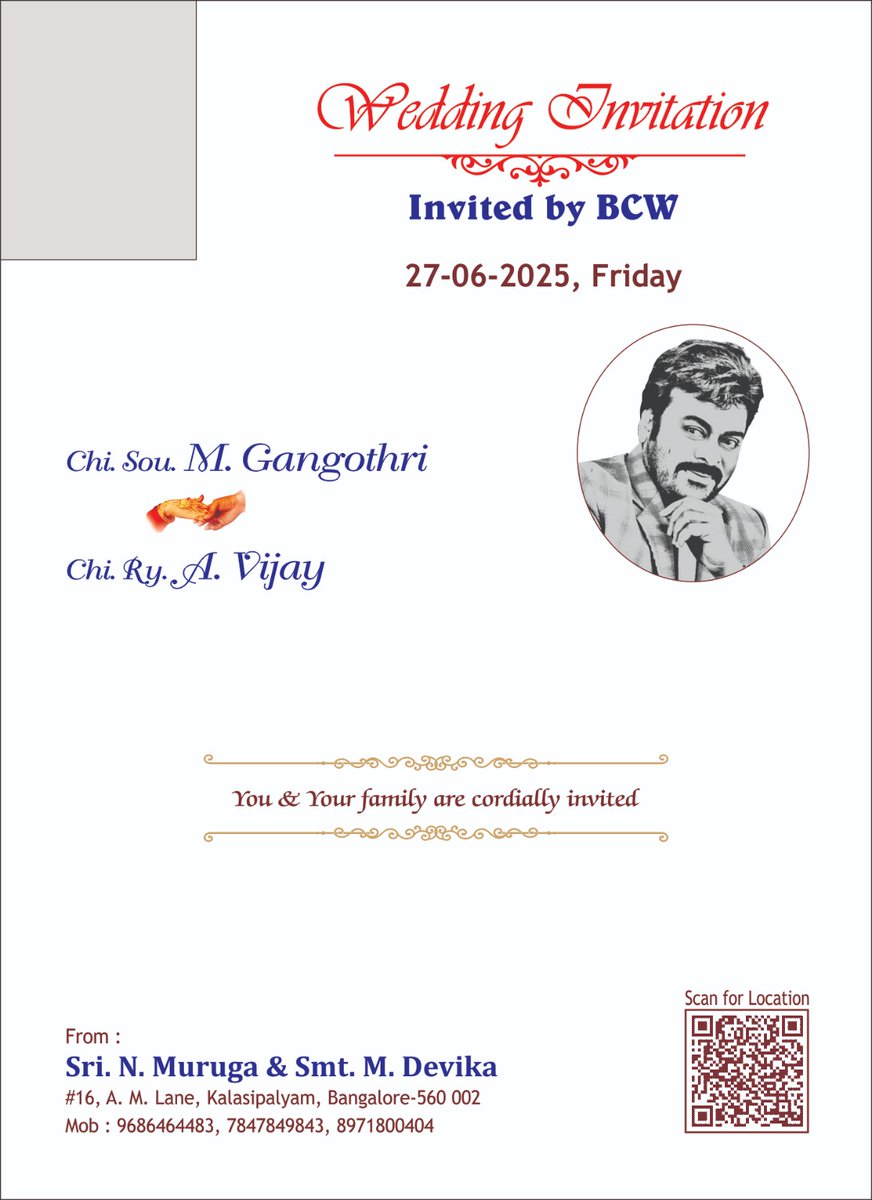 Muruga Chiru Charan (@murugachiru) on Twitter photo Bangalore #BCW_Muruga Mega Fan Daughter Wedding Invitation 🙏With The Blessings of Megastar #Chiranjeevi 🙏 Expecting your presence to Bless the new wed couples🙏 #KCHIRUTWEETS <a href="/NagaBabuOffl/">Naga Babu Konidela</a> <a href="/PawanKalyan/">Pawan Kalyan</a> <a href="/AlwaysRamCharan/">Ram Charan</a> <a href="/upasanakonidela/">Upasana Konidela</a> <a href="/swaminaidu_r/">Ravanam Swami naidu</a>
#Karnatakachiranjeevifans Bangalore #BCW_Muruga Mega Fan Daughter Wedding Invitation 🙏With The Blessings of Megastar #Chiranjeevi 🙏 Expecting your presence to Bless the new wed couples🙏 #KCHIRUTWEETS <a href="/NagaBabuOffl/">Naga Babu Konidela</a> <a href="/PawanKalyan/">Pawan Kalyan</a> <a href="/AlwaysRamCharan/">Ram Charan</a> <a href="/upasanakonidela/">Upasana Konidela</a> <a href="/swaminaidu_r/">Ravanam Swami naidu</a>
#Karnatakachiranjeevifans