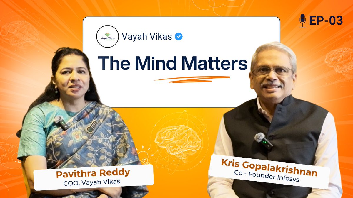 🧠 The Mind Matters 🎙️
A must-watch conversation on brain aging, research, and the future of elder care in India!

Join Pavithra Reddy, COO of Vayah Vikas, as she speaks with Kris Gopalakrishnan—Chairperson of Vayah Vikas, Infosys Co-founder, and Founder of the Centre for Brain