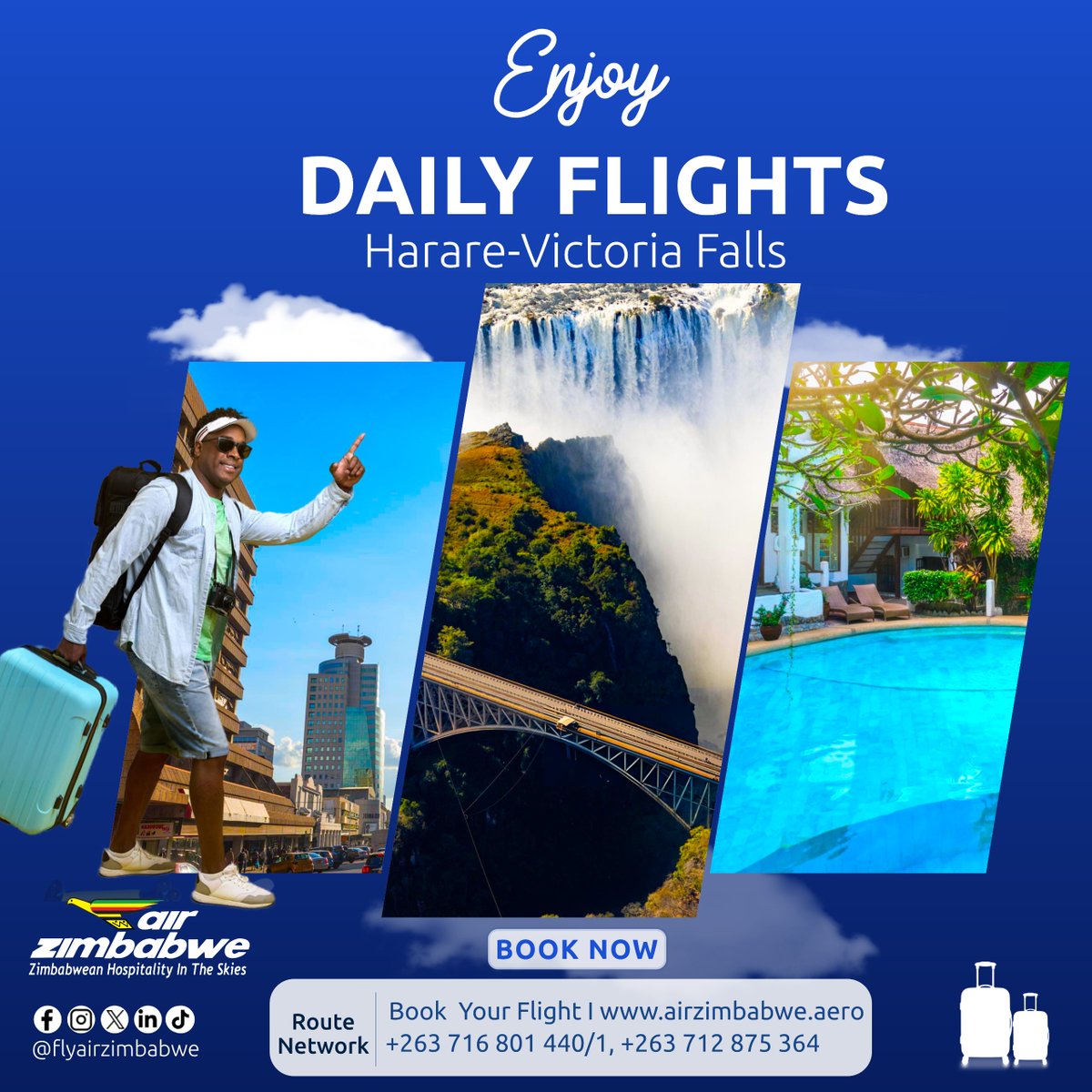 Fly to the Smoke That Thunders – Daily!
Fly the flag. Feel the pride. Experience the wonder.
Book Now: airzimbabwe.aero