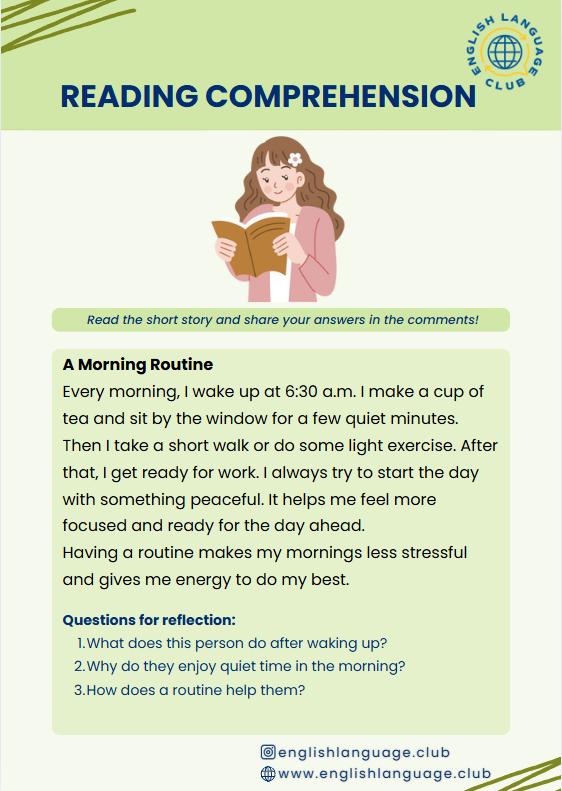 Englishlangvage's tweet image. 🌅 How do you start your day?
A peaceful morning routine can boost your mood and energy. Read the short story and answer the questions in the comments! 📝
Let’s practice English together! 💬
#ReadingPractice #MorningRoutine #LearnEnglishDaily