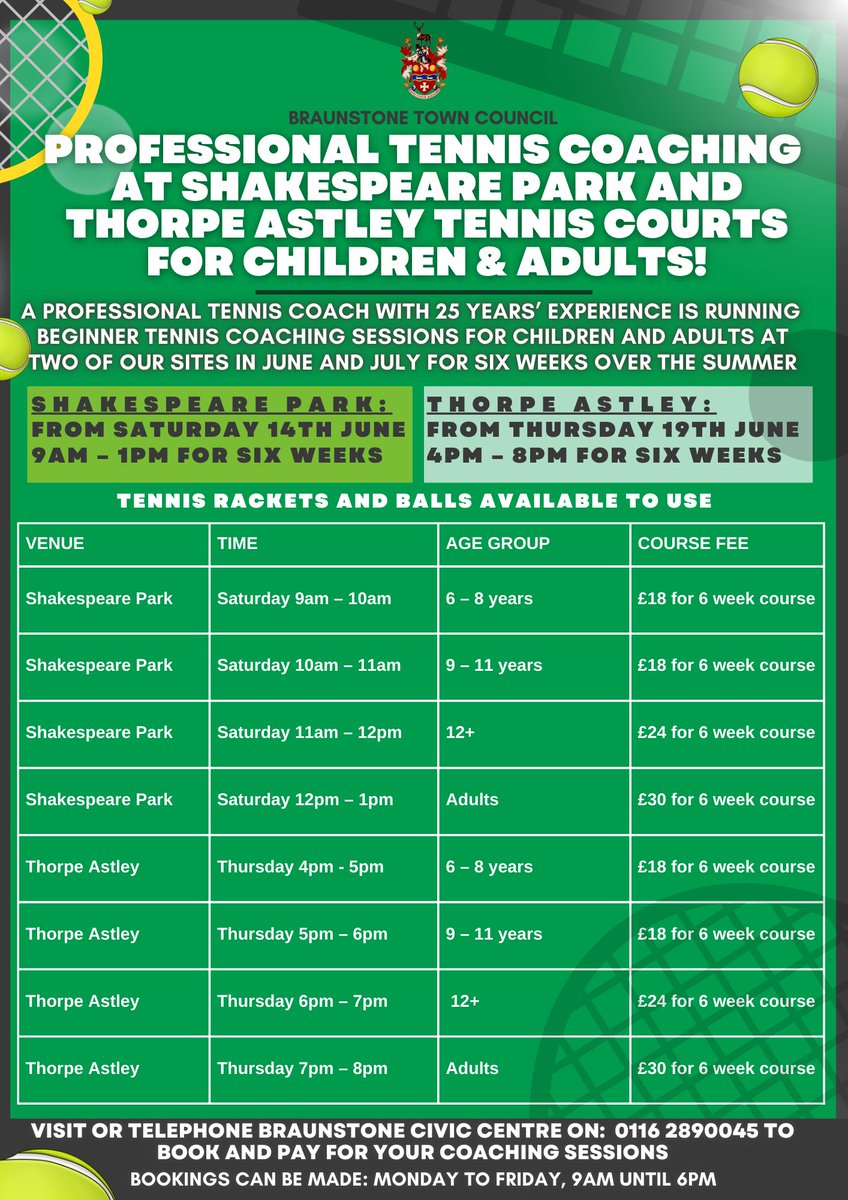 Fancy trying out a new hobby? Professional Tennis Coaching coming to Braunstone Town for all ages!
Only a couple of weeks left until it starts!
Visit the Civic Centre, call 0116 289 0045 or email enquiries@braunstonetowncouncil.org.uk to book your space today!
