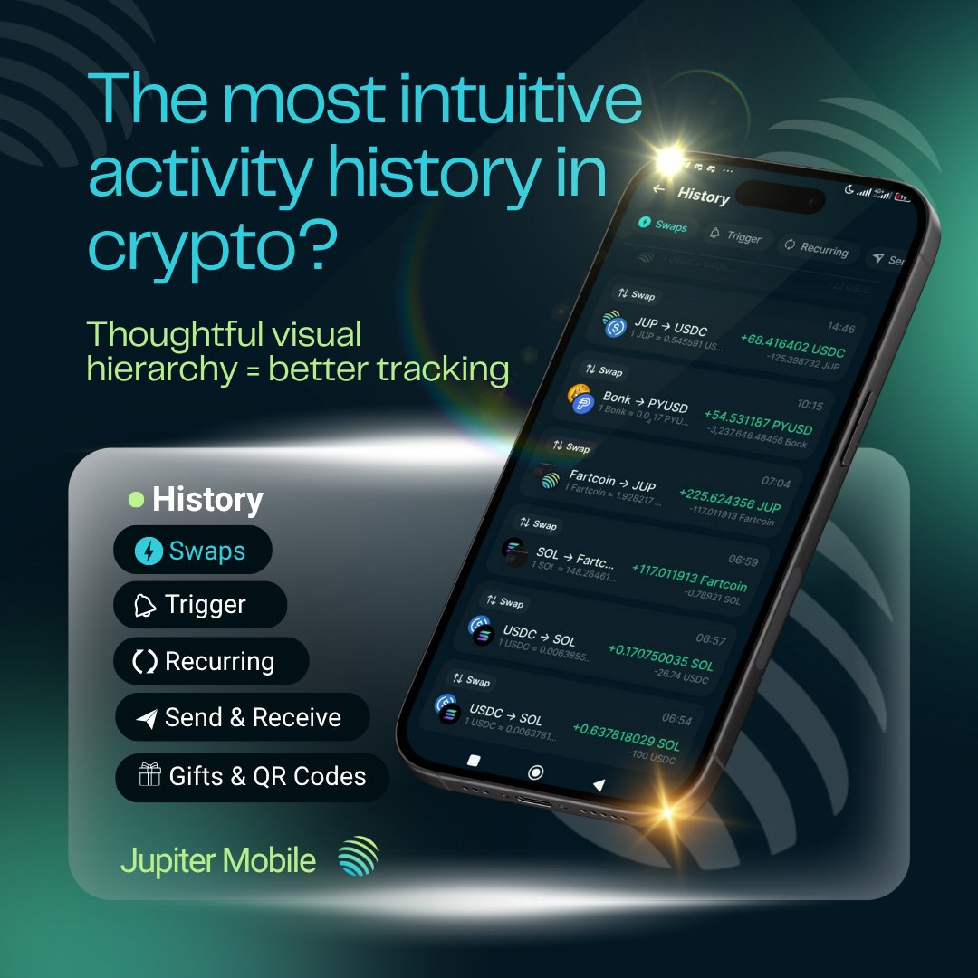 iamfamesy's tweet image. One of the most underrated features on @jup_mobile:
The cleanest, most intuitive activity history I’ve used.
From Swaps to Triggers, Recurring, Send/Receive, Gifts & QR codes — all beautifully labeled and easy to track.
Ngl, nothing else comes close.
🧵👇