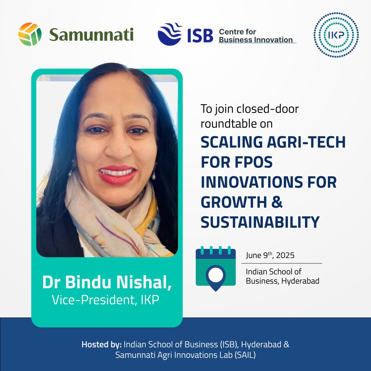 IKP Knowledge Park (@ikp_sciencepark) on Twitter photo Dr. Bindu Nishal will participate in a closed-door roundtable on Scaling Agri-Tech for FPOs at ISB Hyderabad on June 9, 2025. The session, hosted by <a href="/ISBedu/">Indian School of Business (ISB)</a> and <a href="/samunnati/">Samunnati</a>, will focus on making agri-technologies more accessible, sustainable, and impactful for smallholder farmers. Dr. Bindu Nishal will participate in a closed-door roundtable on Scaling Agri-Tech for FPOs at ISB Hyderabad on June 9, 2025. The session, hosted by <a href="/ISBedu/">Indian School of Business (ISB)</a> and <a href="/samunnati/">Samunnati</a>, will focus on making agri-technologies more accessible, sustainable, and impactful for smallholder farmers.