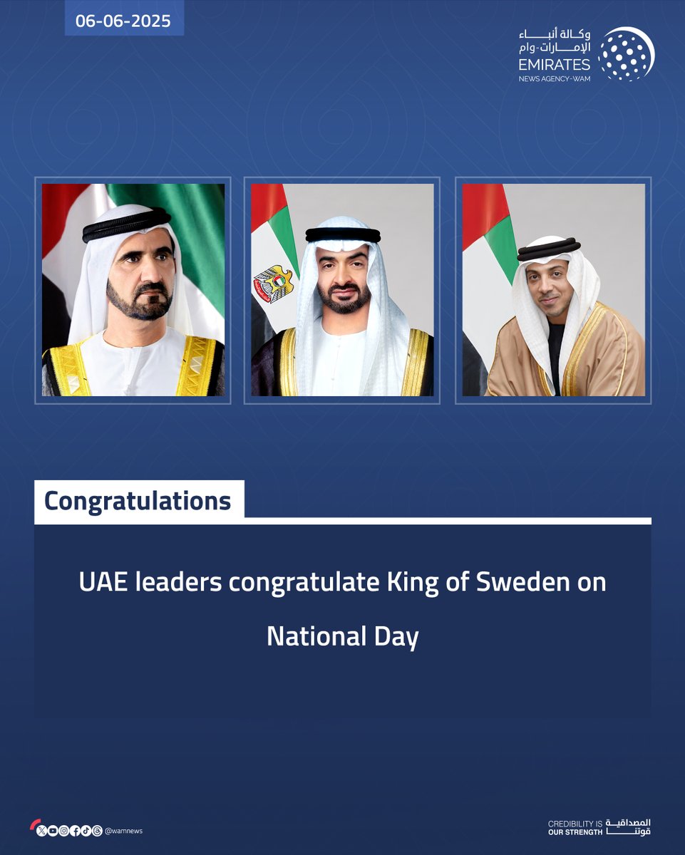 UAE leaders congratulate King of Sweden on National Day

#WamNews 
wam.ae/a/15ls862