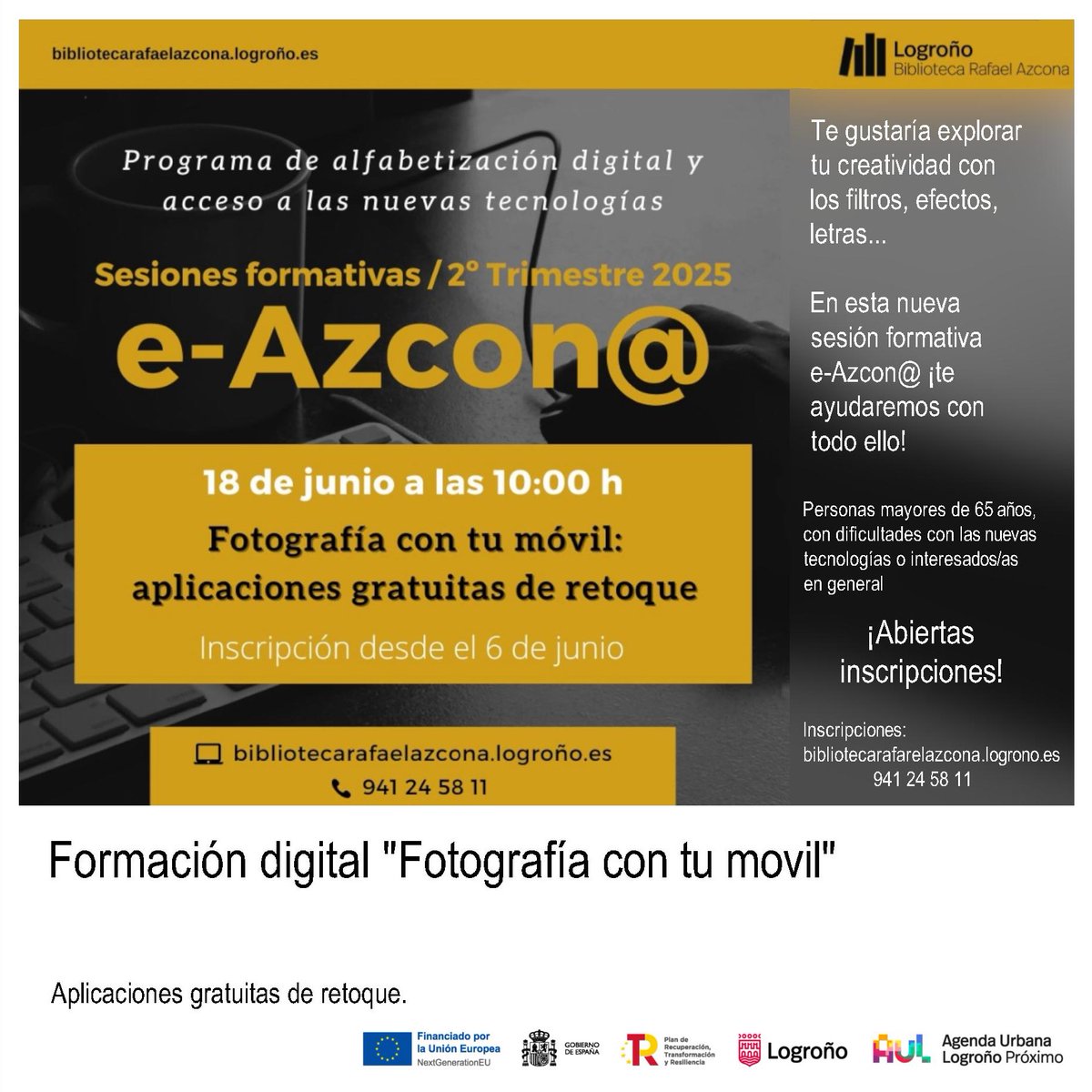 Te gustaría explorar tu creatividad con la  fotografía digital en tu móvil, usar los filtros, efectos, letras...

🧡#bibliotecarafaelazcona 📲📸
📅: 18 de junio.
⏰: 10:00 a 12:00 horas.

Plazas: 10 plazas 😍

#ods #formación #alfabetizacióndigital #personasmayores #fotograﬁa
