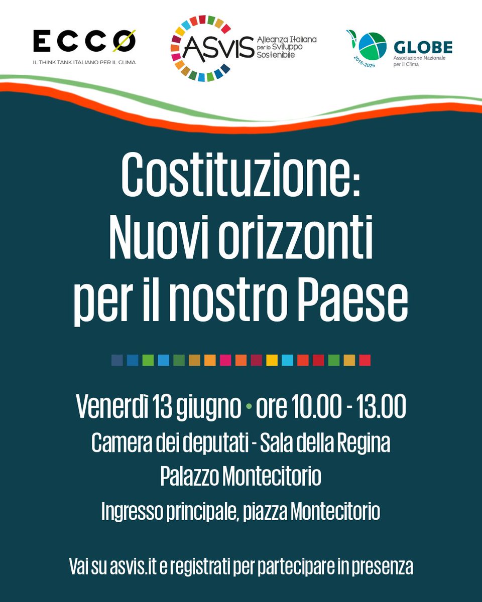Costituzione e ambiente: cosa è cambiato davvero?
Ne parleremo al convegno “Costituzione: nuovi orizzonti per il nostro Paese”, promosso in collaborazione con <a href="/eccoclimate/">ECCØ</a>  e <a href="/GLOBE_Italia/">GLOBEItalia</a>  il 13 giugno a Roma presso la Sala della Regina (Camera dei Deputati).
Per partecipare: