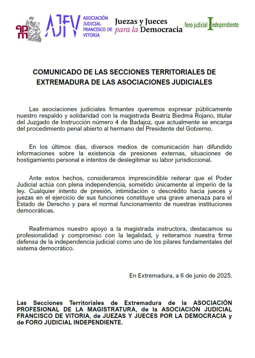 🚨🚨De qué envergadura habrán  sido las presiones recibidas por la compañera de Badajoz Beatriz Biedma, para que reciba este respaldo de TODAS las secciones territoriales de las asociaciones judiciales en Extremadura.