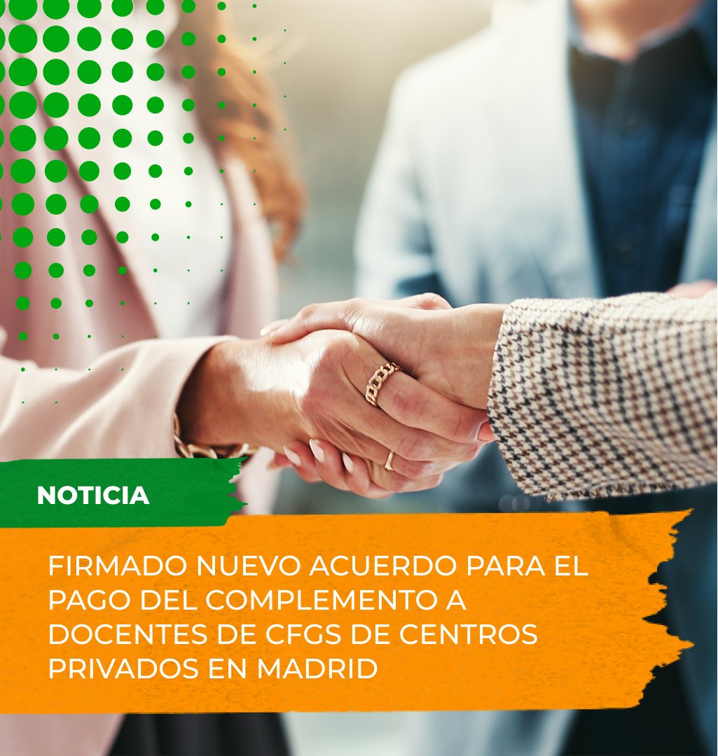 📌 𝗖𝗢𝗠𝗣𝗟𝗘𝗠𝗘𝗡𝗧𝗢 𝗥𝗘𝗧𝗥𝗜𝗕𝗨𝗧𝗜𝗩𝗢 𝗖𝗙𝗚𝗦 ✍🏻 Firmado el acuerdo, un año más, de la creación de un complemento salarial para los docentes de CFGS de los centros privados en el ámbito de la CAM.

ℹ️ Toda la información aquí 👉🏼 acortar.link/G5xniA