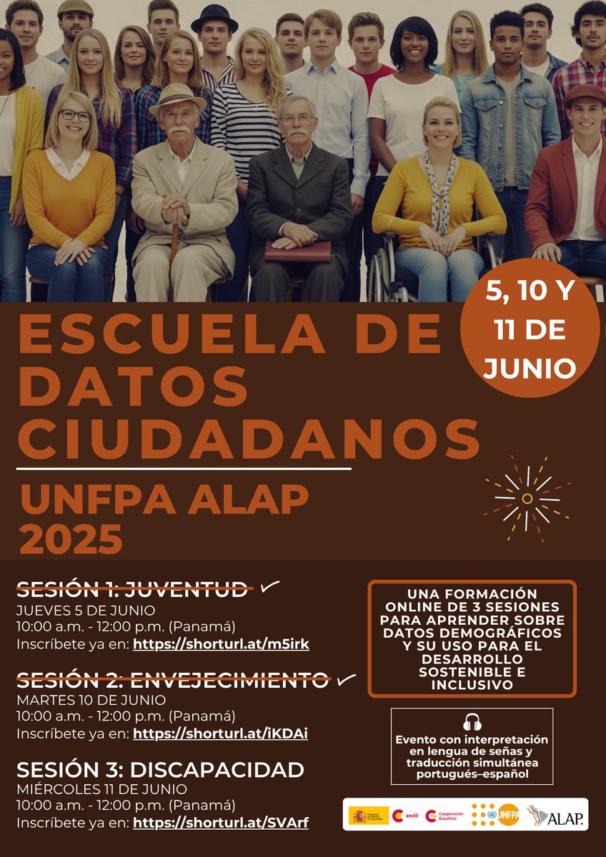 🚨¡HOY último día para inscribirte!
📊Escuela de Datos UNFPA–ALAP
🟢Sesión 3 – Discapacidad
📅Mañana 11/6 | 🕘 9h 🇲🇽🇨🇷 | 10h 🇨🇴🇵🇦 | 12h 🇧🇷🇦🇷
💻Zoom con inscripción previa en🔗 shorturl.at/SVArf
🎧 Traducción PT–ESP + lengua de señas

#EscuelaDeDatos #Discapacidad #ALAP