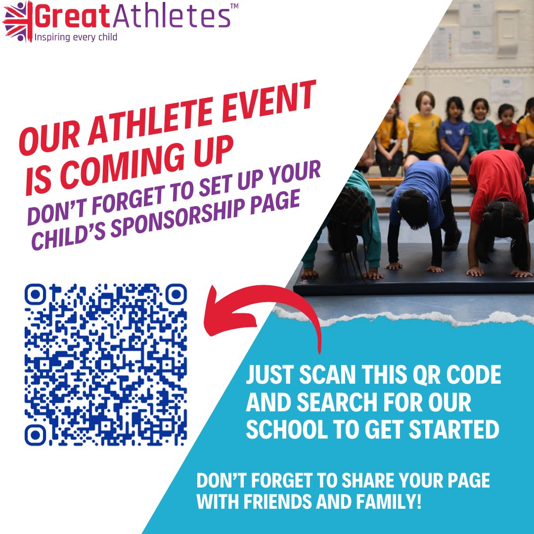 Cheadle Hulme PS (@cheadlehulmepri) on Twitter photo 🇬🇧 | Great Athletes - 1 week to go!
There's just 1 week to go before our Great Athletes visit - have you set up your child's sponsorship page?
Remember to share it with friends and family!
Scan the QR code and search for our school or follow the link 👇
sportal.greatathletes.org/events/77644/p… 🇬🇧 | Great Athletes - 1 week to go!
There's just 1 week to go before our Great Athletes visit - have you set up your child's sponsorship page?
Remember to share it with friends and family!
Scan the QR code and search for our school or follow the link 👇
sportal.greatathletes.org/events/77644/p…