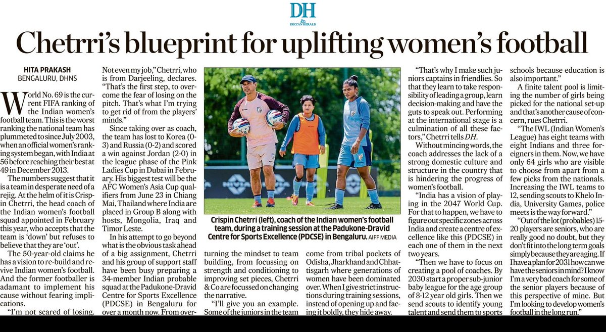 Hita Prakash (@hitaprakash) on Twitter photo The numbers suggest that the Indian women's football team is in desperate need of a rejig. Newly-appointed head coach Crispin Chetrri says he has a vision & is adamant about implementing it without fearing implications.
<a href="/DeccanHerald/">Deccan Herald</a> <a href="/IndianFootball/">Indian Football Team</a>
Link rb.gy/2e8n7s The numbers suggest that the Indian women's football team is in desperate need of a rejig. Newly-appointed head coach Crispin Chetrri says he has a vision & is adamant about implementing it without fearing implications.
<a href="/DeccanHerald/">Deccan Herald</a> <a href="/IndianFootball/">Indian Football Team</a>
Link rb.gy/2e8n7s